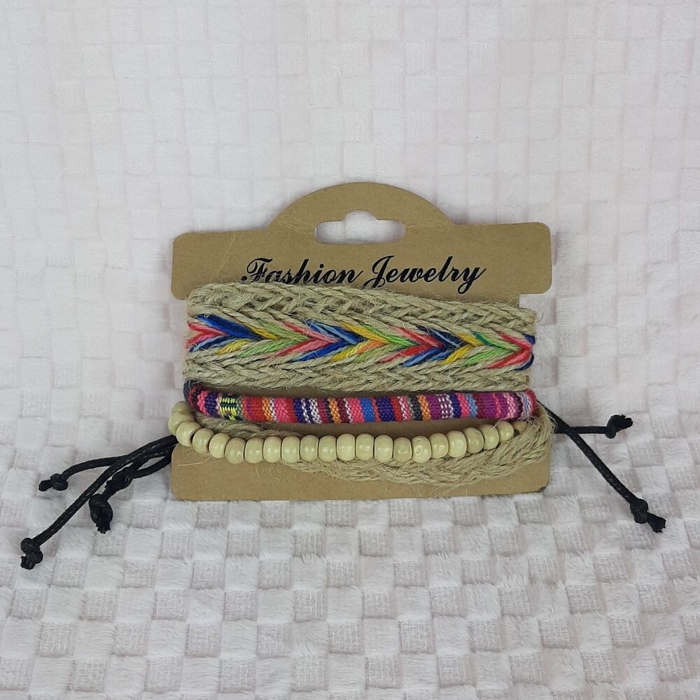 NEW Bracelet Stack Multicolor Adjustable Size Beaded Woven Boho Hippie - Picture 2 of 4
